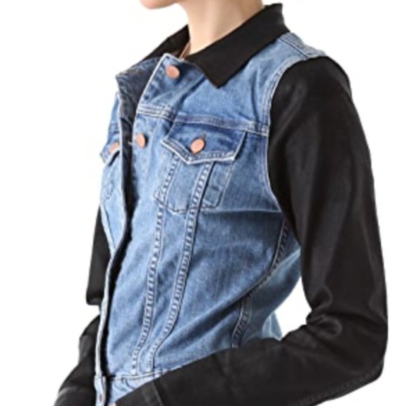J Brand Bowie Denim Jacket Two-tone Coated Leather Effect: Model Off Duty Vibes - Picture 10 of 12